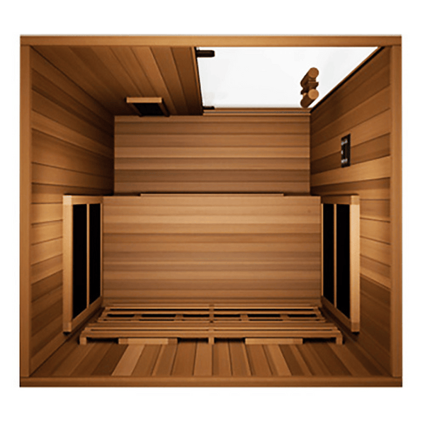 Top-down view of the FD2 Sauna - 2 Person | Western Sol showcasing the wooden interior with bench seating and a glass door, designed for wellness and body care relaxation.