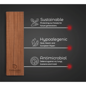 Close-up of a wooden panel highlighting sustainable, hypoallergenic, and antimicrobial features for the FD2 Sauna - 2 Person | Western Sol, emphasizing wellness and natural materials.
