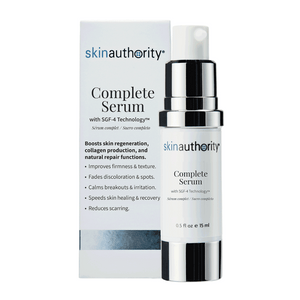 Bottle and packaging of Complete Serum | Skin Authority featuring SGE-4 Technology, highlighting benefits for skin regeneration, collagen production, and natural repair functions.