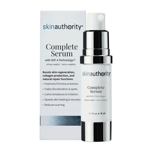 Bottle and packaging of Complete Serum | Skin Authority featuring SGE-4 Technology, highlighting benefits for skin regeneration, collagen production, and natural repair functions.