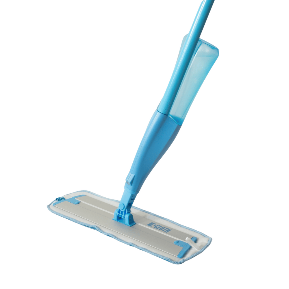 Blue microfiber spray mop with a refillable water tank and ergonomic handle designed for easy, efficient cleaning, featuring the Microfiber Spray Mop | Force of Nature.