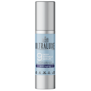 9 Age Control Complex | Ultraluxe Skincare deep wrinkle serum with anti-aging formula in a sleek silver and blue pump bottle, vegan and cruelty-free skincare product.