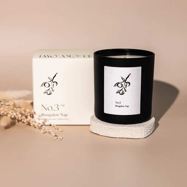 No. 3 Bungalow Nap (Fiji) Candle | Lucky Owl in a sleek black container with minimalist botanical design, displayed alongside its white packaging on a beige surface.