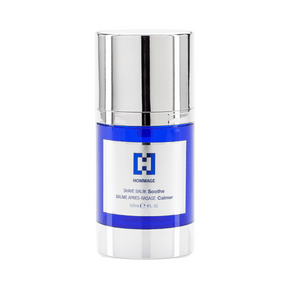 Bottle of Shave Balm 120mL | Hommage in blue and silver packaging designed for soothing skincare after shaving.