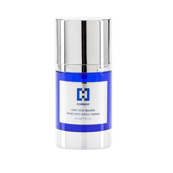 Bottle of Shave Balm 120mL | Hommage in blue and silver packaging designed for soothing skincare after shaving.
