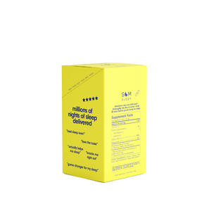 Bright yellow box packaging of Sleep Aid Powder Drink Mix 15 pk - Berry | Som Sleep, featuring supplement facts and customer reviews on the side.