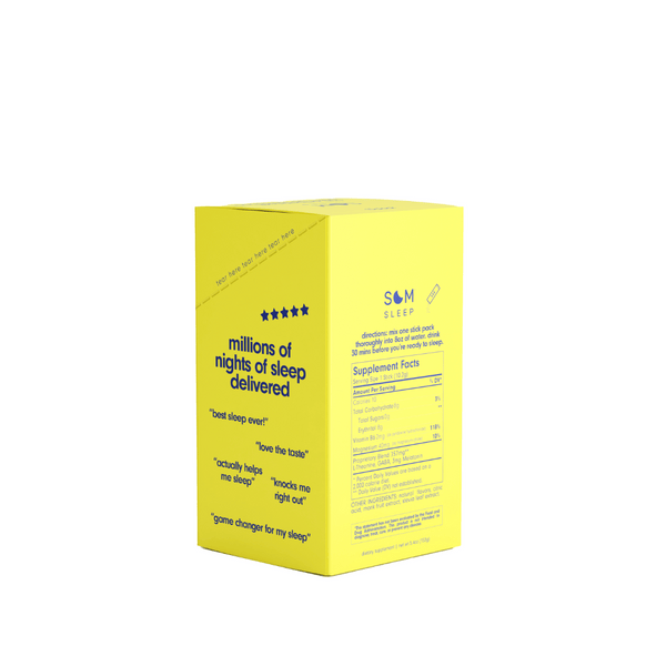 Bright yellow box packaging of Sleep Aid Powder Drink Mix 15 pk - Berry | Som Sleep, featuring supplement facts and customer reviews on the side.