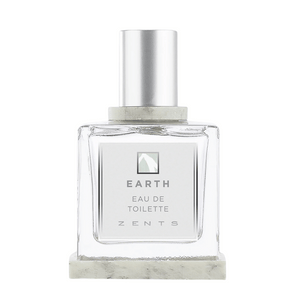 Clear square glass bottle of Eau de Toilette | Zents with a silver cap and minimalistic label featuring the word Earth, placed on a matching stone-like base.
