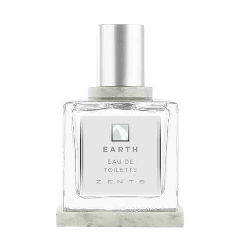 Clear square glass bottle of Eau de Toilette | Zents with a silver cap and minimalistic label featuring the word Earth, placed on a matching stone-like base.