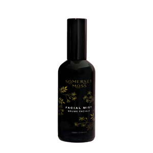 Black bottle with gold floral design labeled Facial Mist | Somerset Moss, a skincare product for refreshing and hydrating the face.