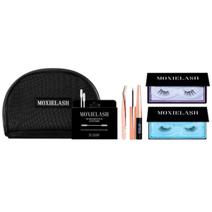 Luxe Bag Accent Set | Moxielash featuring a black branded pouch, pre-glued lash adhesive strips, rose gold tweezer and applicator, and two sets of false eyelashes in elegant black and natural styles.