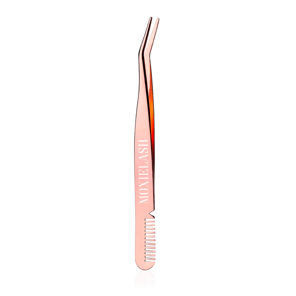 Rose gold angled tweezer with a comb attachment, featuring the branding MOXIELASH, designed for precise eyelash application and styling, Lash Applicator - Rose Gold | Moxielash.