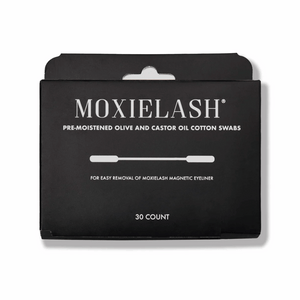 Black box packaging of Magnetic Eyeliner Swabbies | Moxielash, featuring pre-moistened olive and castor oil cotton swabs for easy removal of Moxielash magnetic eyeliner, 30 count.