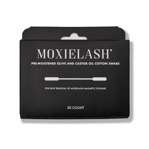 Black box packaging of Magnetic Eyeliner Swabbies | Moxielash, featuring pre-moistened olive and castor oil cotton swabs for easy removal of Moxielash magnetic eyeliner, 30 count.