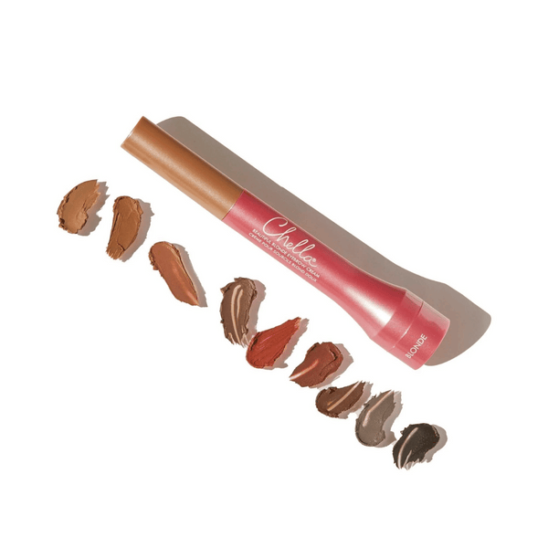 Eyebrow Cream | Chella with a variety of natural shades swatched beside the applicator tube designed for precise eyebrow definition and grooming.