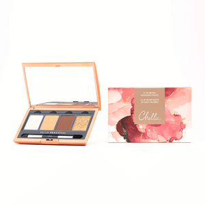 Open La Vie Neutral Eyeshadow Palette | Chella showing four neutral shades and a dual-ended applicator beside its pink and gold marbled packaging box.