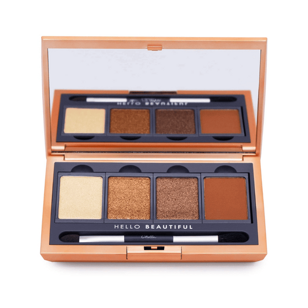Manifest Bronze Eyeshadow Palette | Chella featuring four warm bronze and brown shades with an integrated mirror and dual-ended applicator in a sleek compact case.