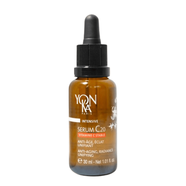 Bottle of Serum C20 | Yon-Ka Paris with dropper cap, an anti-aging skincare product promoting radiance and unifying skin tone in 30 ml size.