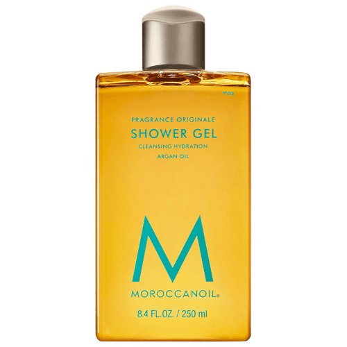 Shower Gel | Moroccanoil bottle containing amber-colored body care gel enriched with argan oil for cleansing hydration and skincare benefits.