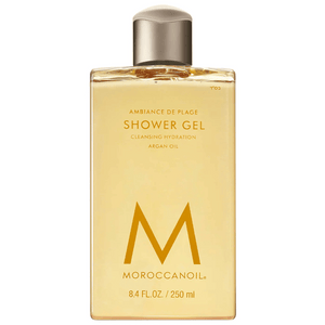 Clear rectangular bottle of Shower Gel | Moroccanoil with golden liquid and a metallic cap, highlighting argan oil for skincare and body care wellness.