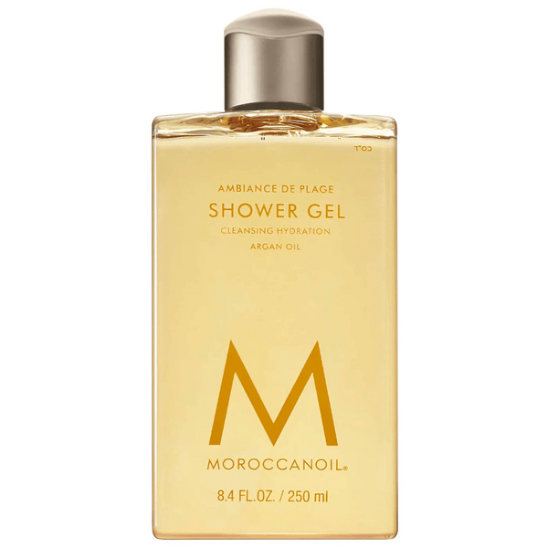 Clear rectangular bottle of Shower Gel | Moroccanoil with golden liquid and a metallic cap, highlighting argan oil for skincare and body care wellness.