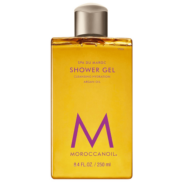 Bottle of Shower Gel | Moroccanoil featuring hydrating cleansing formula with argan oil in amber packaging and a silver cap.