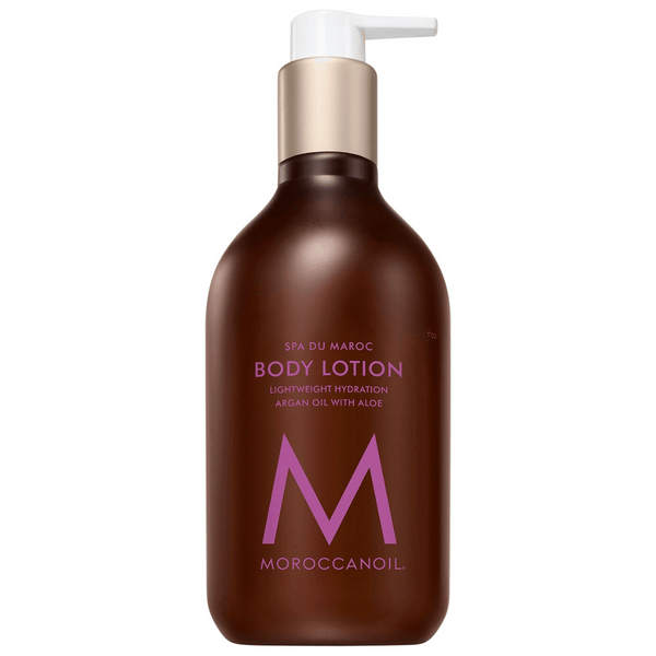 Brown bottle of Body Lotion | Moroccanoil with a white pump dispenser, featuring lightweight hydration formula with argan oil and aloe for nourishing skincare.
