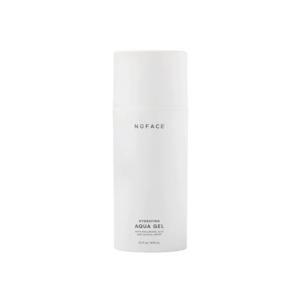 White cylindrical bottle of Hydrating Aqua Gel | NuFACE skincare product designed for moisturizing and hydration with hyaluronic acid and glacial water.