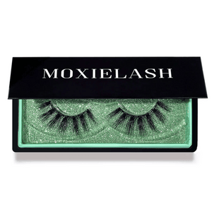 Pair of dramatic false eyelashes in glittery green packaging with a black lid displaying the brand name, Money Lash | Moxielash.