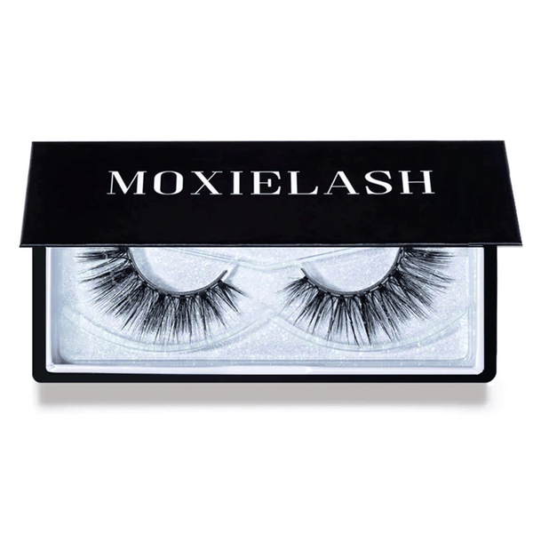 Close-up of a pair of dramatic false eyelashes in a sleek black case labeled MOXIELASH, showcasing the Sexy Lash | Moxielash style for enhanced eye beauty.