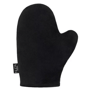 Black soft tanning mitt with thumb design and NUDA brand tag, used for applying self-tanner evenly to the skin, ideal for skincare and body care routines.