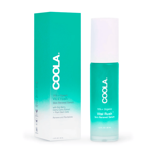 Vital Rush™ Skin Renewal Serum | COOLA in a teal frosted glass bottle with white cap next to matching teal box, highlighting organic skincare for skin renewal and revitalization.