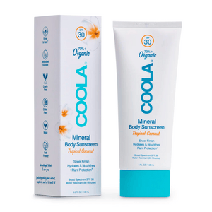Tube and box of Mineral Body Organic Sunscreen Lotion SPF 30 - Tropical Coconut | COOLA with bright white packaging, blue and orange text, highlighting organic and hydrating skincare benefits.