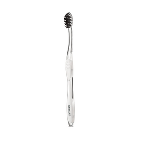 Nano-Silver Toothbrush | LINHART with sleek silver handle and black bristles designed for gentle, effective oral care promoting wellness and hygiene.