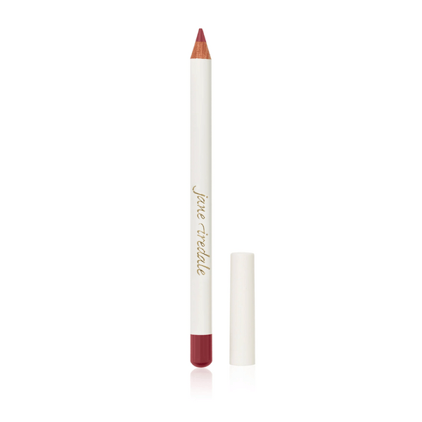 Lip Pencil | Jane Iredale in a soft red shade with a white barrel and gold lettering, shown with its cap removed, highlighting a precise lip liner for makeup application.