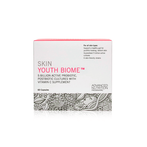 Box packaging of Skin Youth Biome™ | Jane Iredale probiotic supplement with vitamin C, designed to support skin health with 5 billion active cultures and skin-friendly strains.
