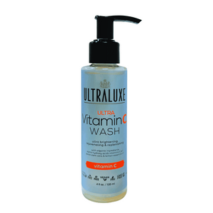 Clear pump bottle of Ultra Vitamin C Cleanser | Ultraluxe Skincare featuring brightening vitamin C formula with organic ingredients for rejuvenating and replenishing skincare.