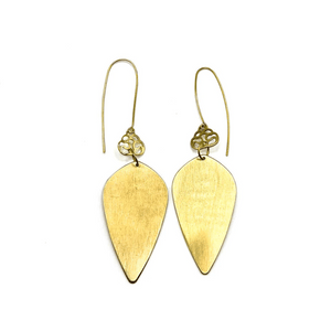Pair of elegant brass droplet earrings featuring a smooth teardrop shape with intricate filigree details, designed as Brass Droplet Earrings | Purpose Jewelry.