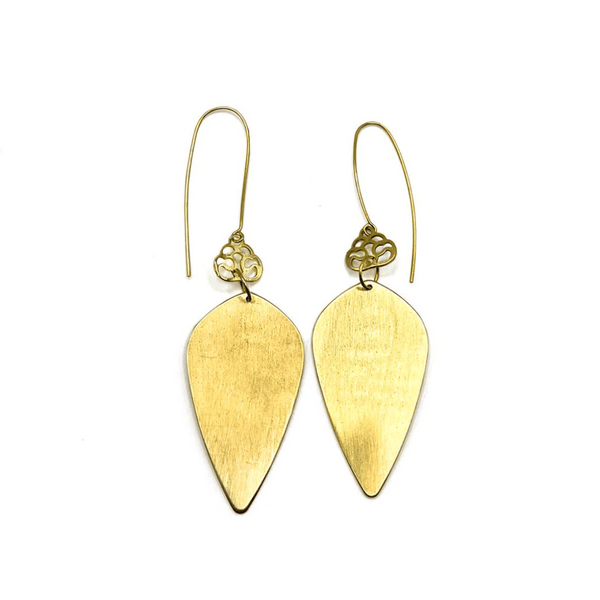 Pair of elegant brass droplet earrings featuring a smooth teardrop shape with intricate filigree details, designed as Brass Droplet Earrings | Purpose Jewelry.