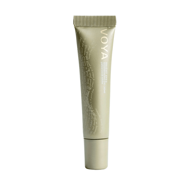 Tube of Bright Eyes Regenerating Eye Cream | VOYA in light beige packaging, designed for skincare and eye area rejuvenation.