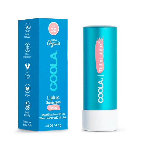 Classic Liplux® Lip Balm Tinted SPF 30 | COOLA product with bright turquoise packaging, highlighting organic, cruelty-free, vegan skincare features for lip sun protection and wellness.