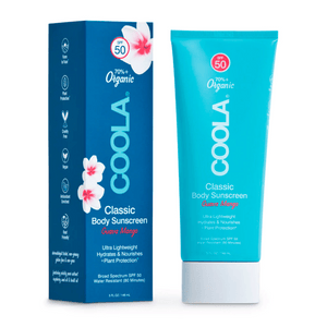 Classic Body Organic Sunscreen Lotion SPF 50 - Guava Mango | COOLA in a blue tube and matching box featuring floral accents, highlighting organic, ultra-lightweight, hydrating sun protection for skincare and body care.