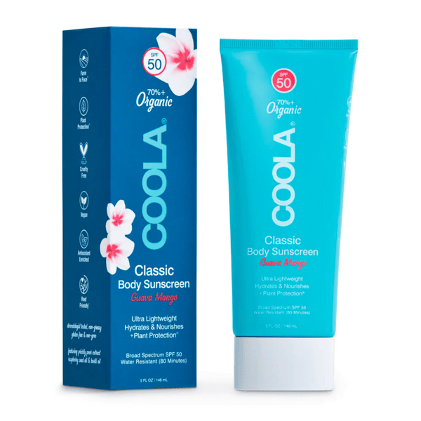 Classic Body Organic Sunscreen Lotion SPF 50 - Guava Mango | COOLA in a blue tube and matching box featuring floral accents, highlighting organic, ultra-lightweight, hydrating sun protection for skincare and body care.