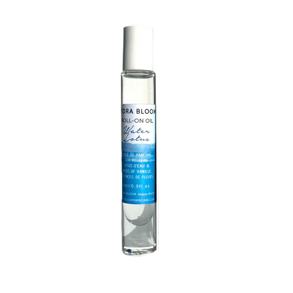 Clear roll-on bottle labeled Water Lotus Roll-On Oil | Hydra Bloom with white cap and blue accent, designed for skincare and wellness use.