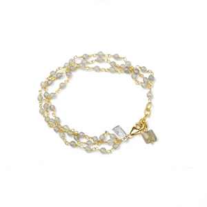 Triple Row Gemstone Labradorite Bracelet | Liv & B featuring delicate labradorite beads linked with gold-toned chain and accented with two small labradorite charms for a subtle, elegant look.