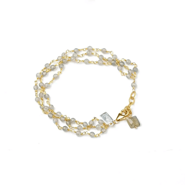Triple Row Gemstone Labradorite Bracelet | Liv & B featuring delicate labradorite beads linked with gold-toned chain and accented with two small labradorite charms for a subtle, elegant look.