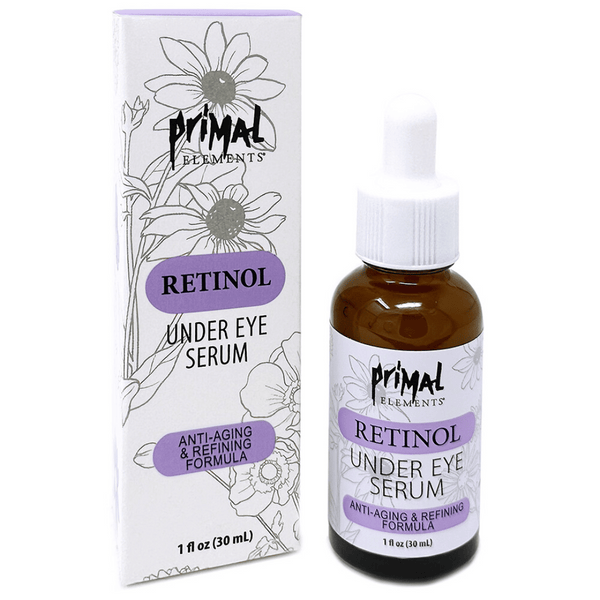Bottle and box of Retinol Anti-Aging Under Eye Serum | Primal Elements with floral design, highlighting anti-aging and refining formula for skincare.