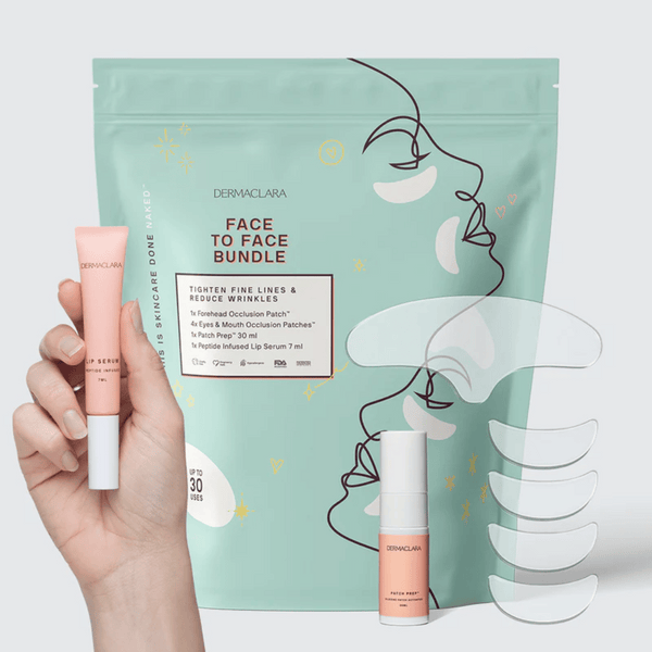Hand holding a peach-colored serum tube next to a mint green Face to Face Bundle | Dermaclara package with facial contour patches and a small bottle, representing targeted skincare for fine lines and wrinkles.