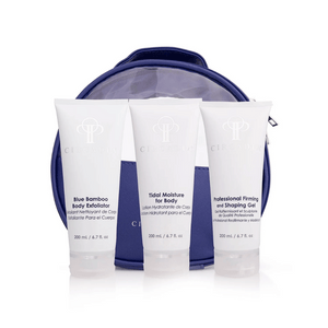 Three white tubes of skincare products labeled Blue Bamboo Body Exfoliator, Tidal Moisture for Body, and Professional Firming and Shaping Gel, displayed in front of a blue cosmetic bag for the Body Regimen Bundle | Circadia.