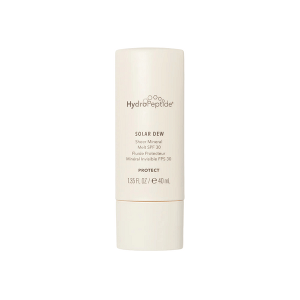 HydroPeptide Solar Dew SPF Mineral Serum in a sleek beige tube with SPF 30, designed for skincare protection and sun defense in a 1.35 fl oz size.